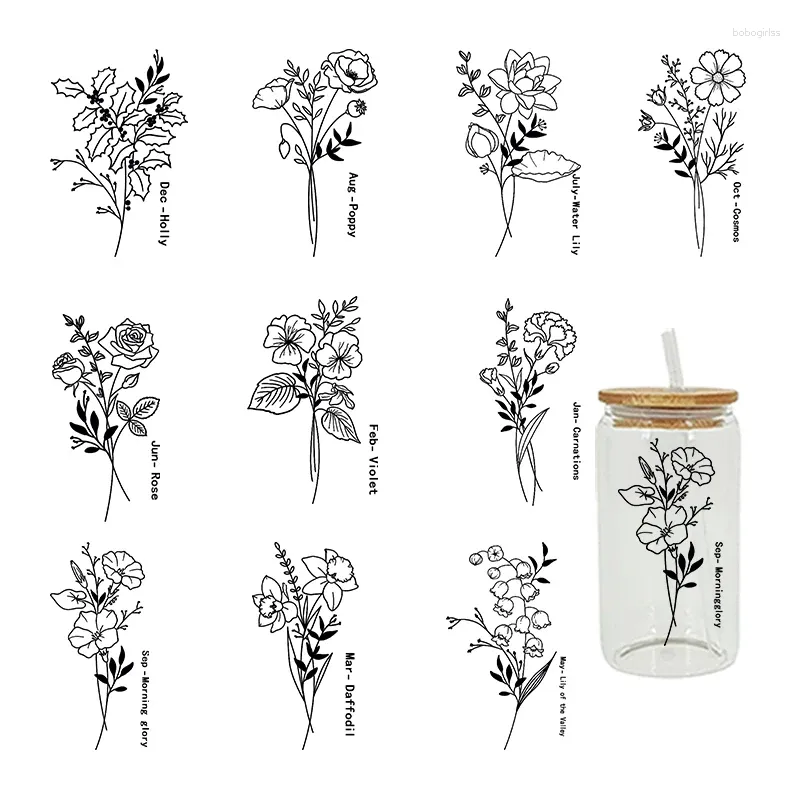 Window Stickers Beautiful Flower UV DTF Wrap Transfer Sticker For 16Oz Glass Cup Print Waterproof Diy Easy To Use D8957