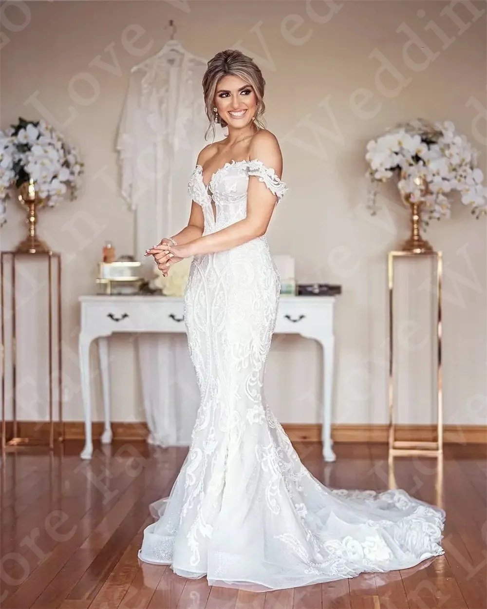 blue dress for baby girl LaDivine CD792W Long A Line Lace Applique Wedding Dress – The Dress Outlet main image 0
