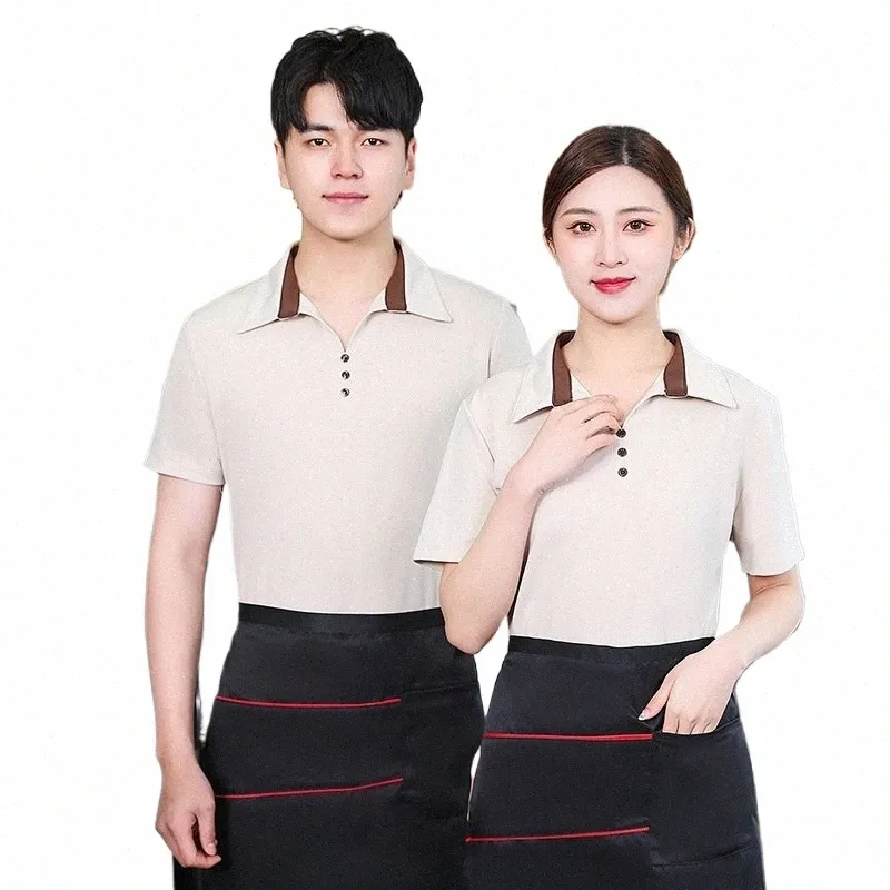 Catering servitör Short Sleeve Restaurant BBQ Hot Pot Hotel Supermarket Workwear Print och broderi T-shirt Summer R1VZ#