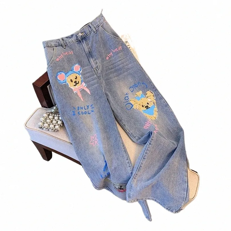 150kg Plus Size Women's Hip 138 Spring Summer Jeans With Puppy Print Loose Elastic Straight Leg Pants Blue 5XL 6XL 7XL 8XL 9XL G8A5#