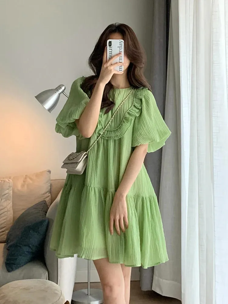 Green Maternity Summer Clothes Fashion Plus Size Pregnant Woman Clothes Puff Sleeve Ruffles Patchwork O-Neck Pregnancy Dresses 240319