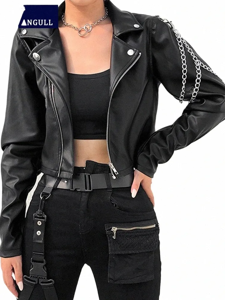 Vangull-Chaqueta recortada de piel sintética para mujer, abrigo negro Punk de Harajuku, abrigo gótico de manga larga con cadenas, Tops w941 #