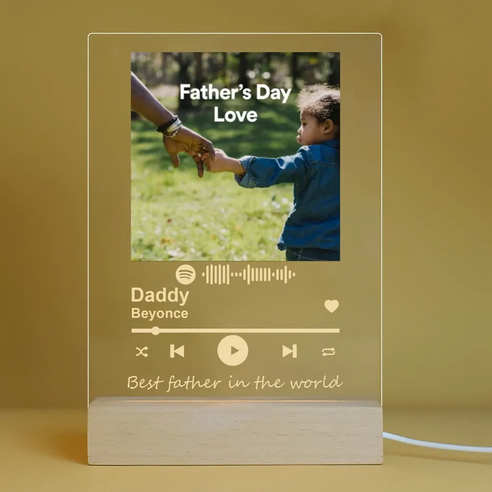 Sieraden aangepaste acrylbord aangepaste fotobrief Spotify Music Code personizado mode sieraden LED Wood Base Father's Day cadeau