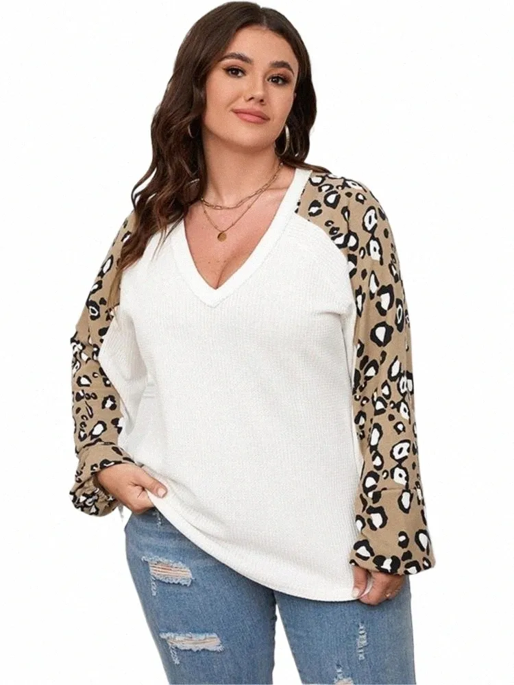 Plus Size Autumn Winter V-Neck Topps Women Leopard Print Patchwork LG Sleeve Modis Ladies Blauses Casual Loose Woman Tops 2023 E4TE#