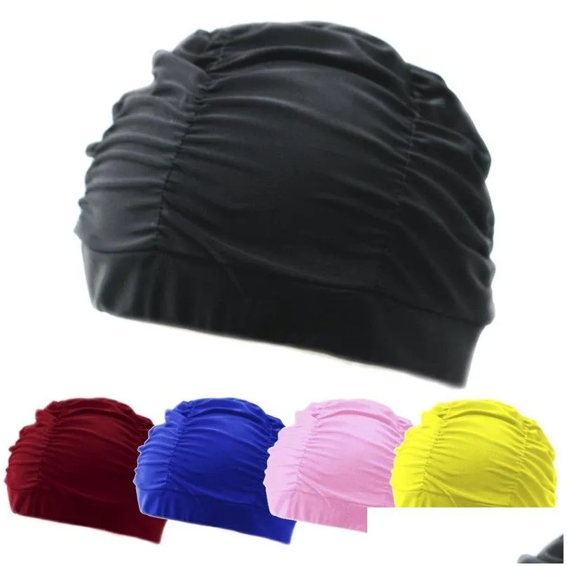 Bonnets de natation Nouveau femmes Cap fille cheveux longs chapeau de bain Stretch drapé piscine bord de mer Sport nautique élastique Nylon Turban 1233 Drop Deli Otmy5