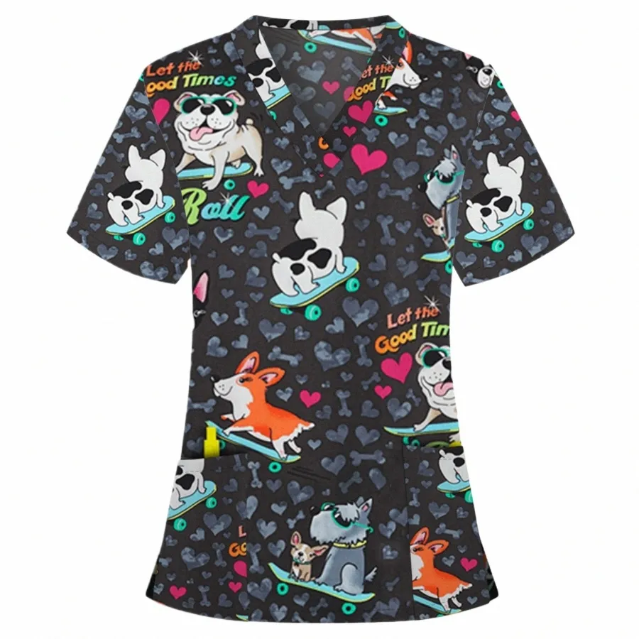 Estampado animal con cuello en V cuidador top Casual manga corta Mujeres Scrubs Top Uniforme de enfermería Camisa de enfermera Uniformes médicos de trabajo Suministros p1My #