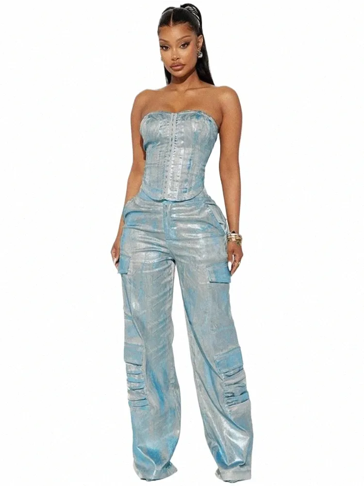 Joskaa Métallique Brillant Denim Deux Pièces Ensemble Femmes Strapl Tunique Taille Haut Court Et Baggy Jeans Assorti 2024 Y2K Streetwear O7vF #