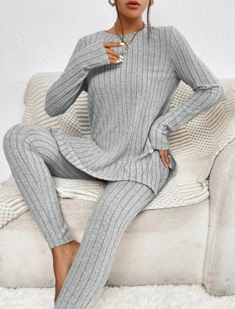 Dwuczęściowe spodnie dla kobiet Zestaw Kobiet Knitte Pant Set Silny okrągły szyję pełny rękaw