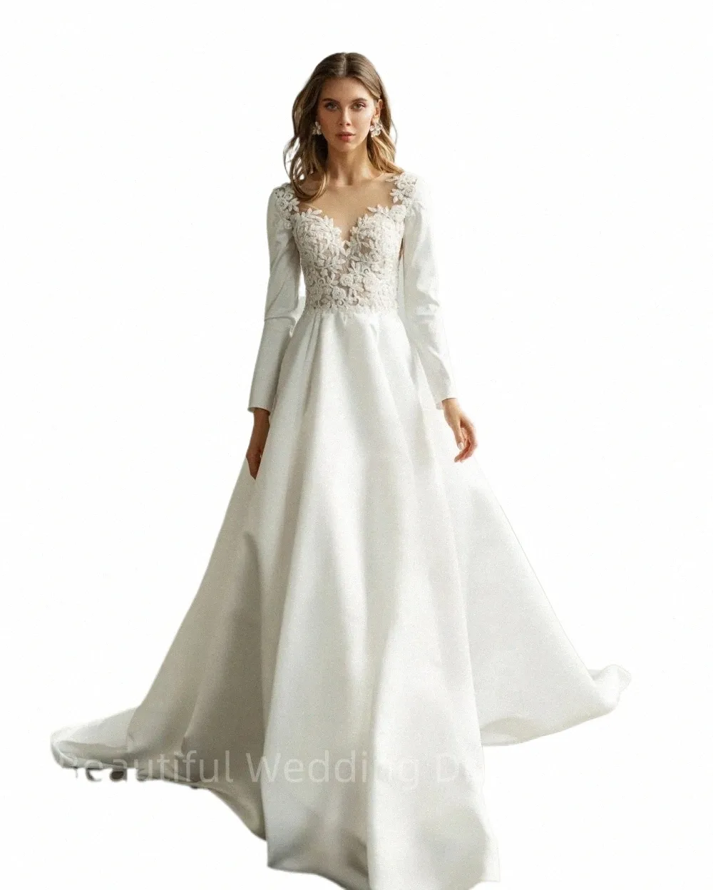 Gracieful V Neck Satin Wedding Dres LG Sleeve Brudklänningar Lace Appliced ​​illusi Back Sweep Train Wedding Dr P94T#