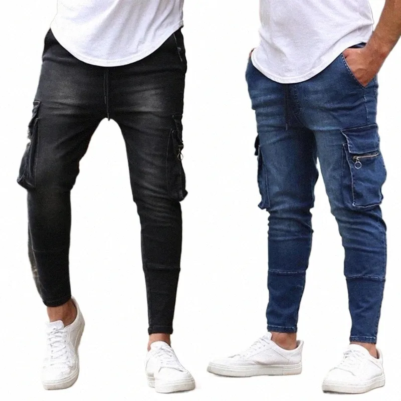 Outono de alta qualidade jeans masculino multi bolso estiramento azul preto homem calças fino ajuste causal biker calças streetwear roupas dos homens u2rz #