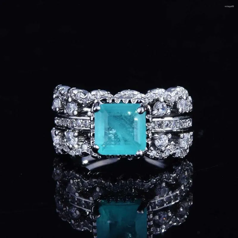 Cluster Ringen 2024 Vierkante Natuurlijke Paraiba Toermalijn Steen Ring 2 Stuks Set Luxe Stapelbare Vinger Dames Sieraden Gift