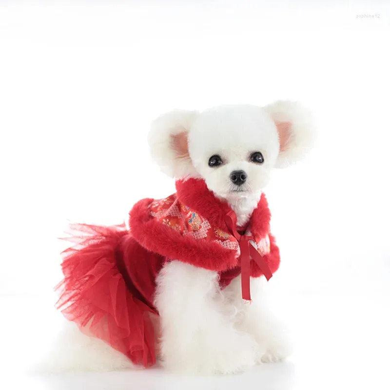Dog Apparel Chinese Year Warm Tutu Cat Poodle Lace Dress Shih Tzu Pomeranian Schnauzer Fashion Doggy Pet Tang Suit Clothes