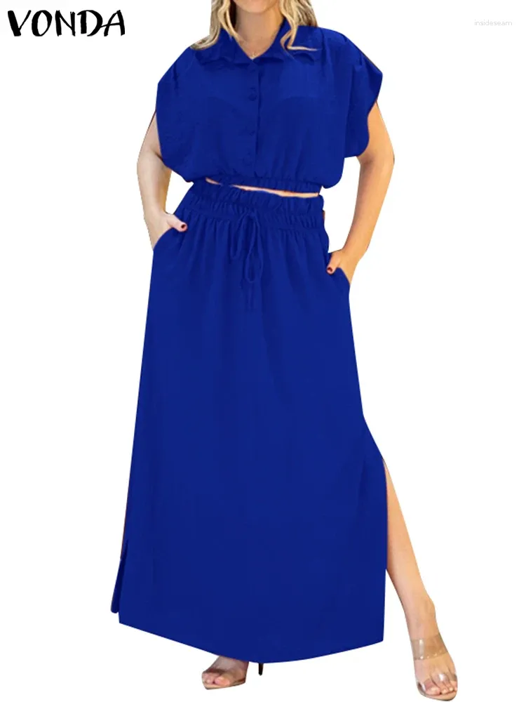 Work Dresses VONDA Summer Dress Sets 2024 Women Casual Solid Short Sleeve Fashion Tops And Elastic Waist Long Skirt Button Matching