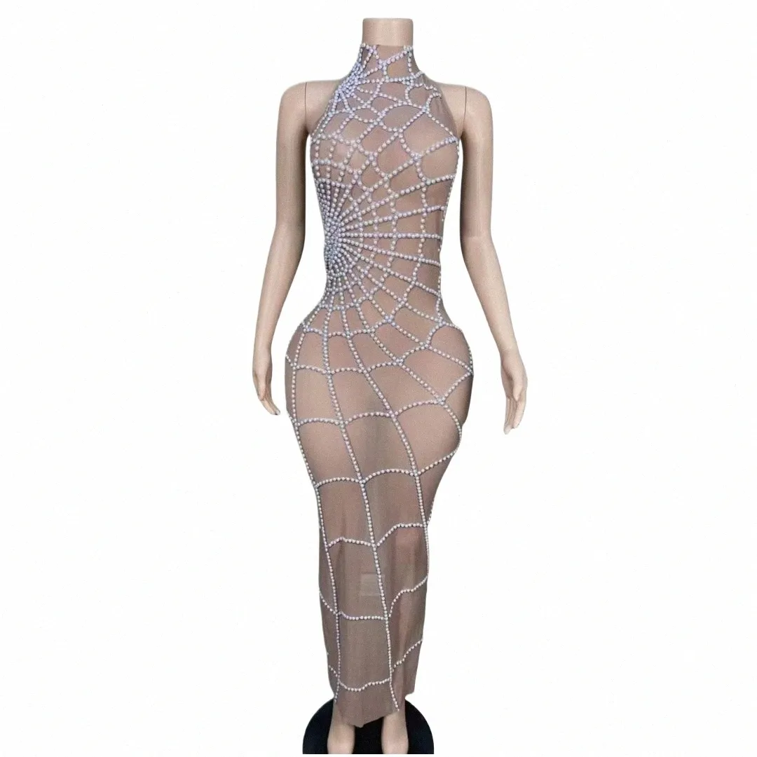 pure col haut araignée rayé perlé Lg Dr pour les femmes Las Vegas Showgirl Party Dres Performance Drag Queen Costume b4sj #