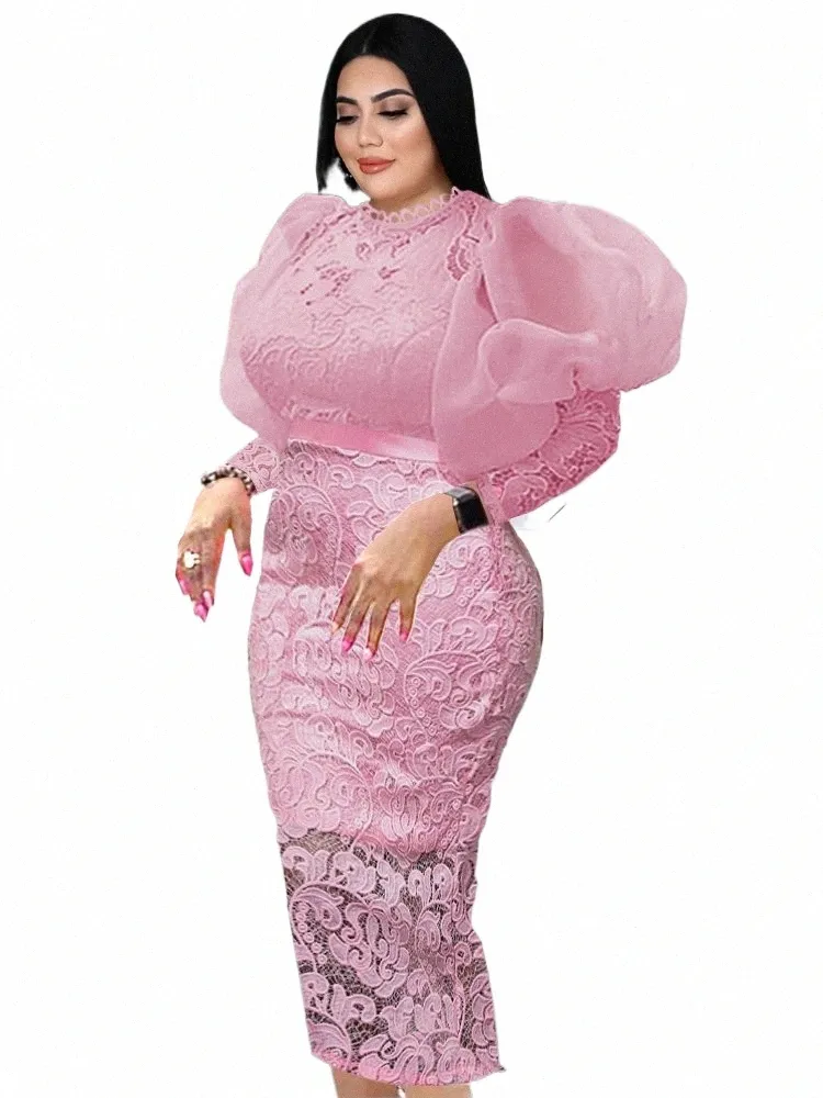 elegant Lace Dres Plus Size 3XL 4XL Lg Lantern Sleeve White Pink Bodyc Vintage Prom Dr Gowns for Ladies Evening Party q7ru#