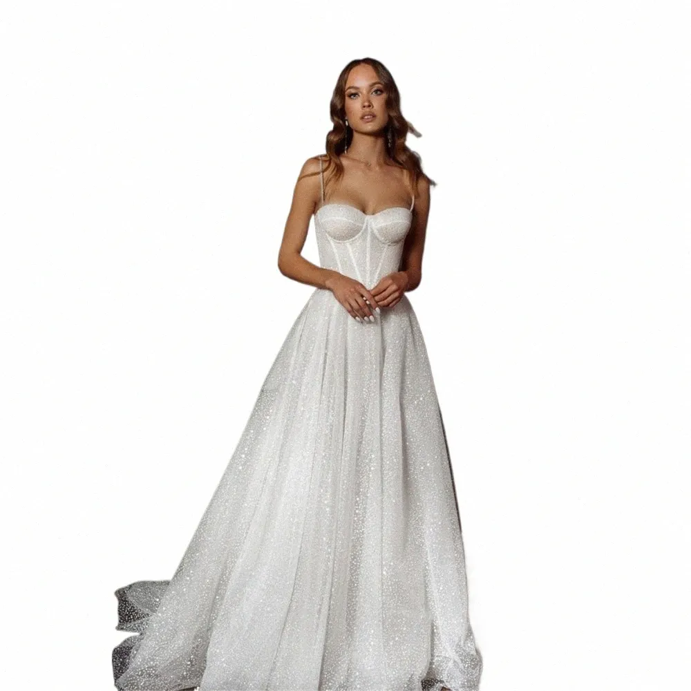 Verngo Glitter A Line Wedding Dr 2024 Корсет на тонких бретельках Милая свадебная одежда Новый 2024 Robe de mariage Плюс Размер K8DI #