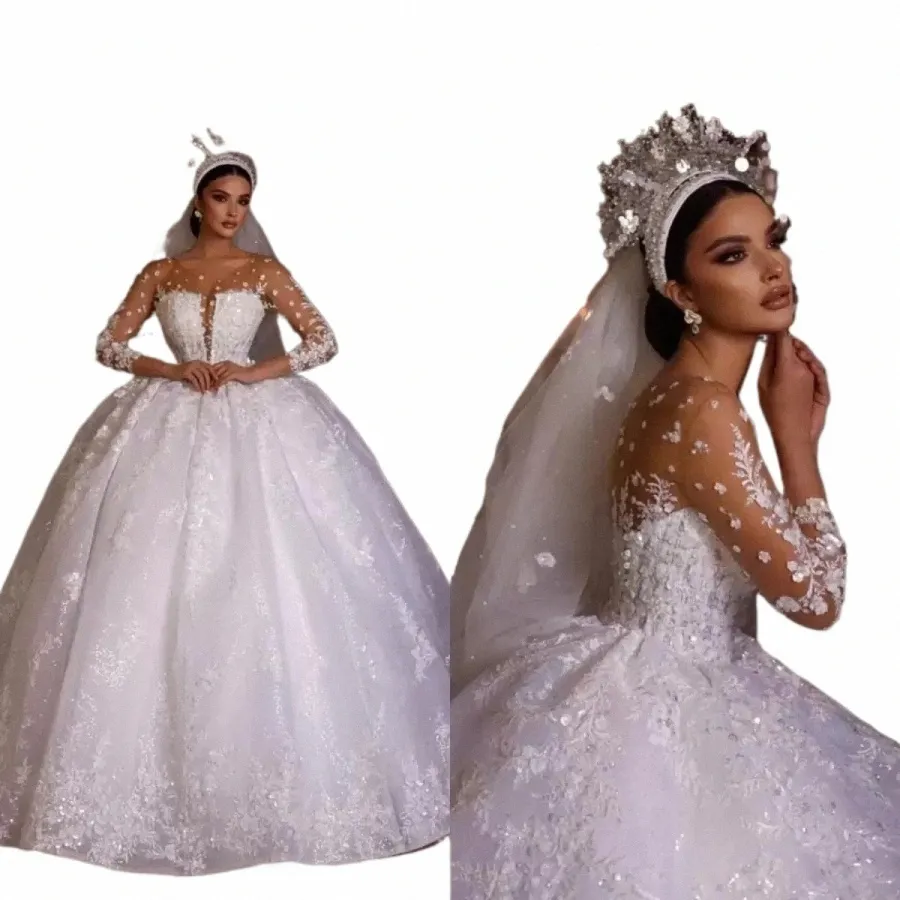 Luksusowa suknia kulowa ślub Dres Dubai Arabski Królewski pociąg koronkowy cekinowa panna młoda Aibye suknie ślubne 2023 Vestido de noiva Q1AF#