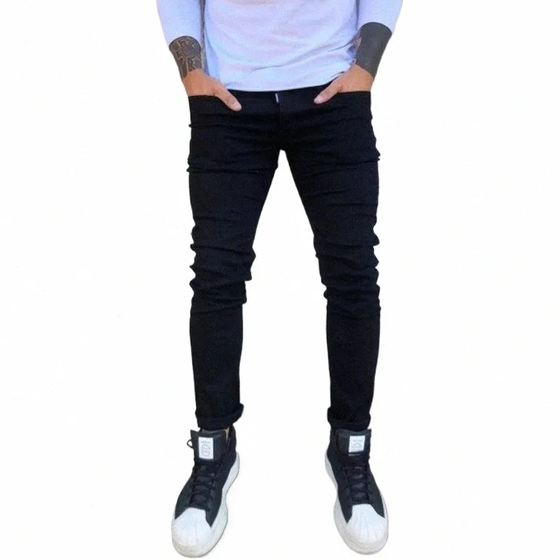 Frühling Herbst Neue Schwarz Stretch Männer Jeans Schlank Kleine Füße Casual Einfache Feste Farbe Männliche Dünne Denim Hosen Streetwear x9na #