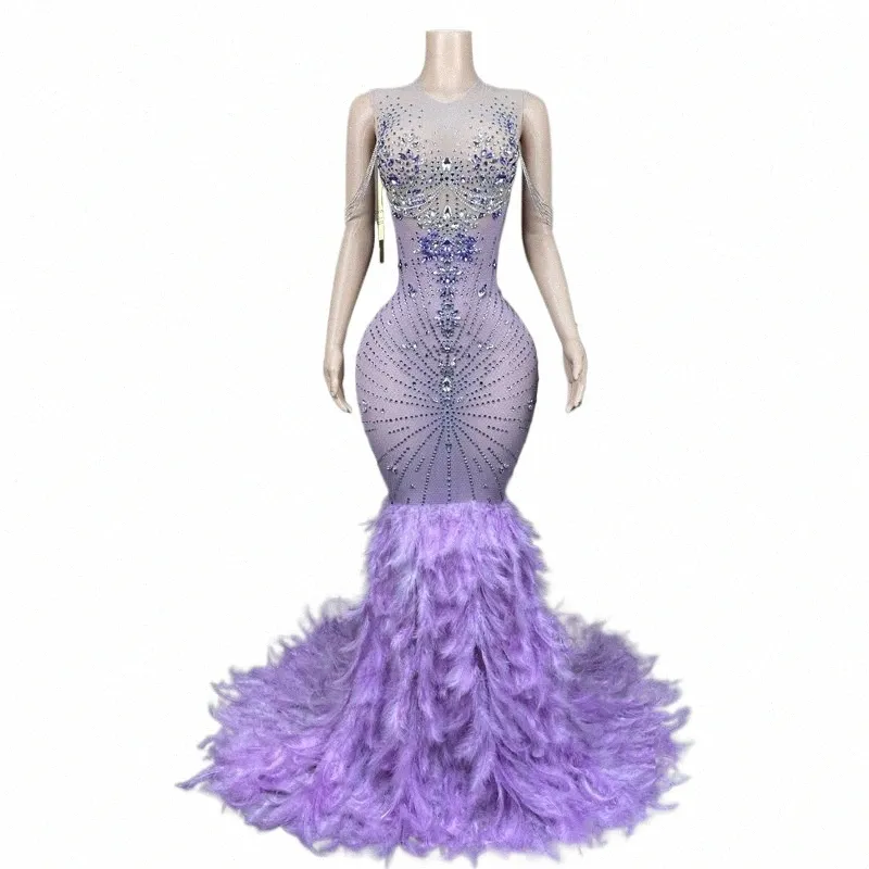 Purple Rhinestes Feather Dr Women Singer Party LG Dr Evening Dres Festival Outfit Stage Firar Costum XS7387 U0CX#