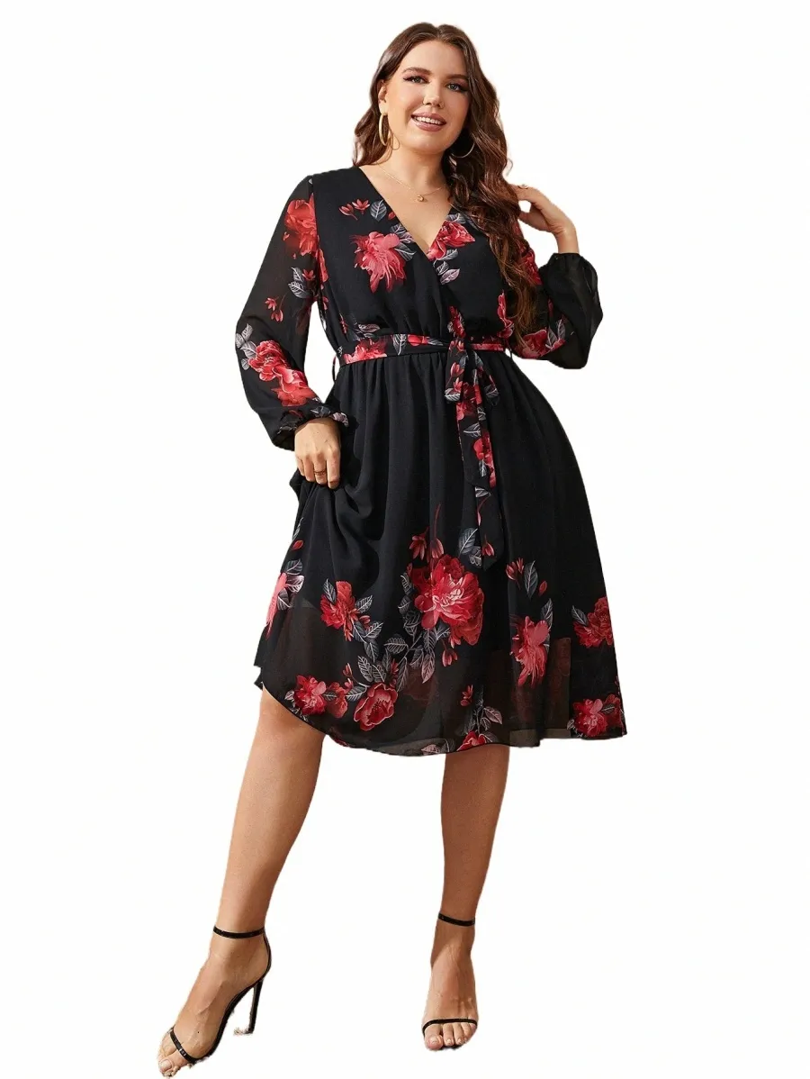 Chic Plus Size Bloemenprint V-hals Midi Belted Dr Vrouwen Casual Kleding Zwart Lg Mouw Party Elegante Vintage Dres k63s #