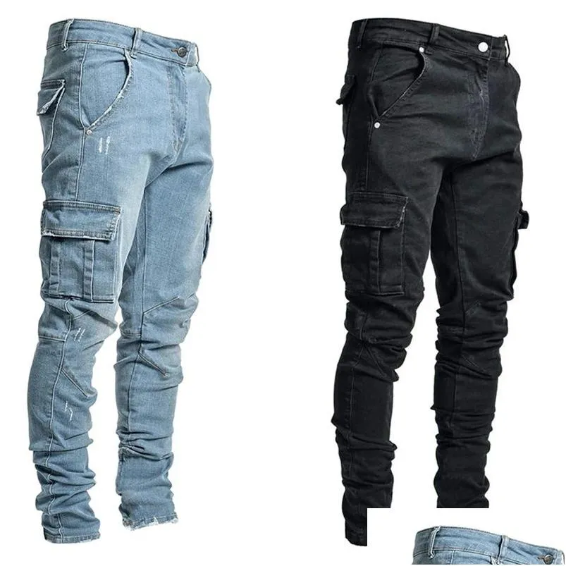 Herren Jeans MTI Pocket Cargo Casual Baumwolle Denim Hosen Mode Bleistift Hosen Seitentaschen Drop Lieferung Bekleidung Kleidung DHYQP