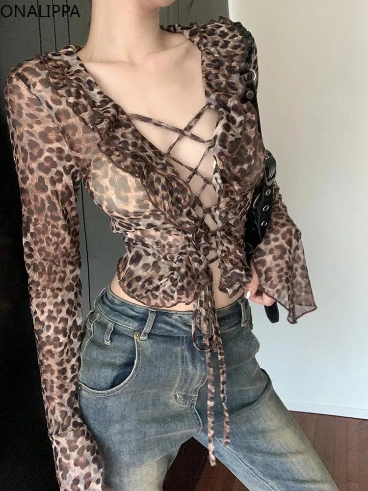 Женские футболки Onalippa, сексуальные леопардовые шифоновые топы с оборками и v-образным вырезом на шнуровке, топы на шнуровке с длинными рукавами, уличная укороченная рубашка