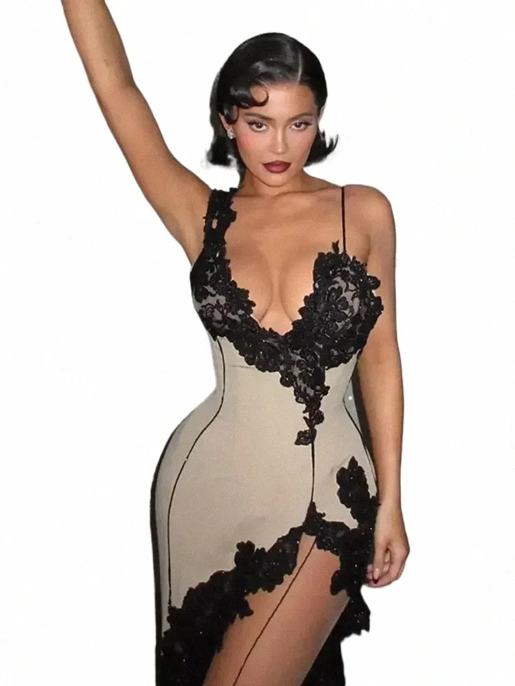 Boofeenaa en dentelle embelli asymétrique Slit Midi Dr Kylie Jenner survole la fête de la nuit sexy Dres pour femme 2023 C66-CB22 Z47K #