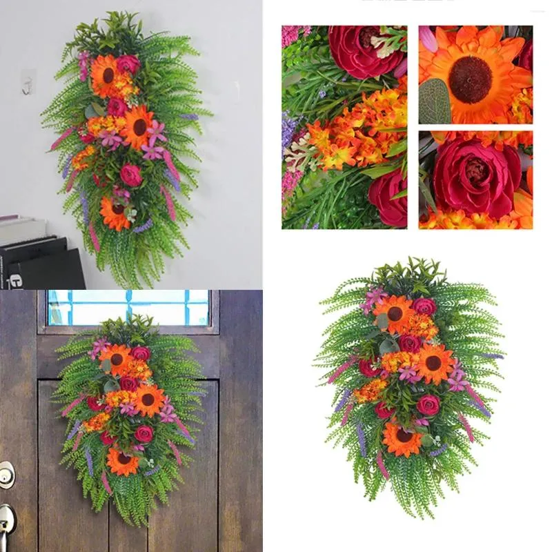 Fleurs décoratives printemps été automne porte d'entrée tournesol couronne florale en forme de larme pour la maison mariage chalet rustique signe de lumière naturelle