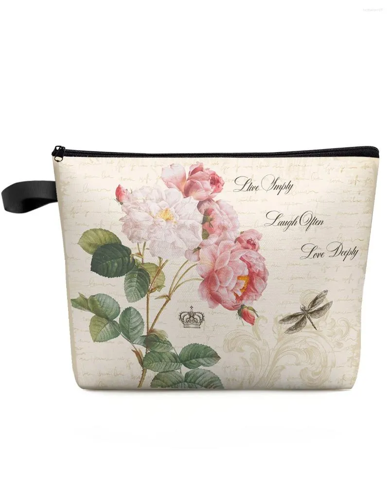 Cosmetic Bags Dragonfly Crown Rose Flower Makeup Bag Pouch Travel Essentials Lady Women Toilet Organizer Storage Pencil Case