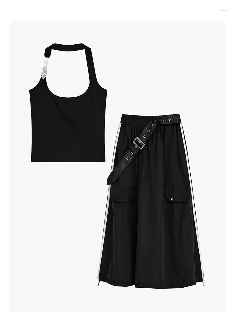 Werkjurken Jaren 2000 Esthetiek Outfits 2-delige rokset Zwart Haltertop Hiphop Mode A-lijn Rokken met riem Clubwear Gyaru Punk Gothic