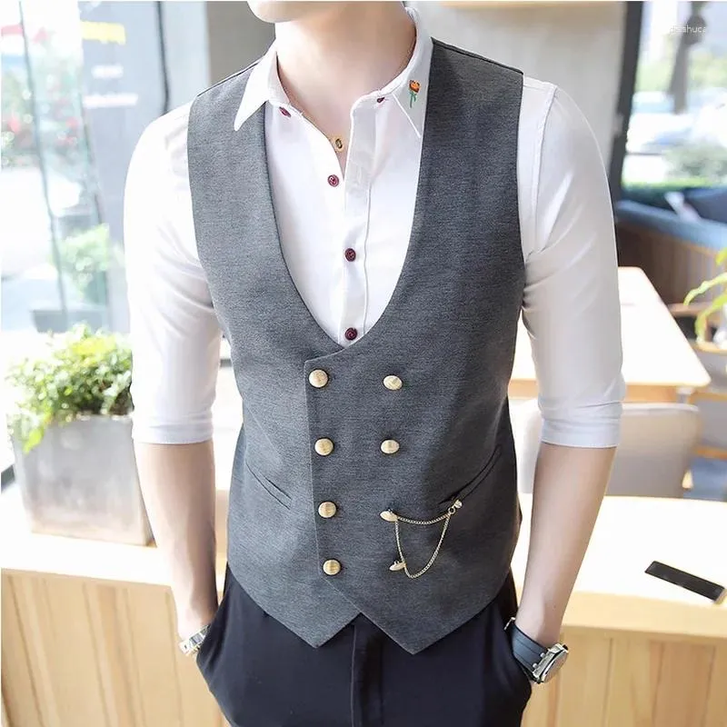 Gilets pour hommes Gilet à double boutonnage Printemps Slim Costume formel sans manches Gris Noir Mode Business Casual