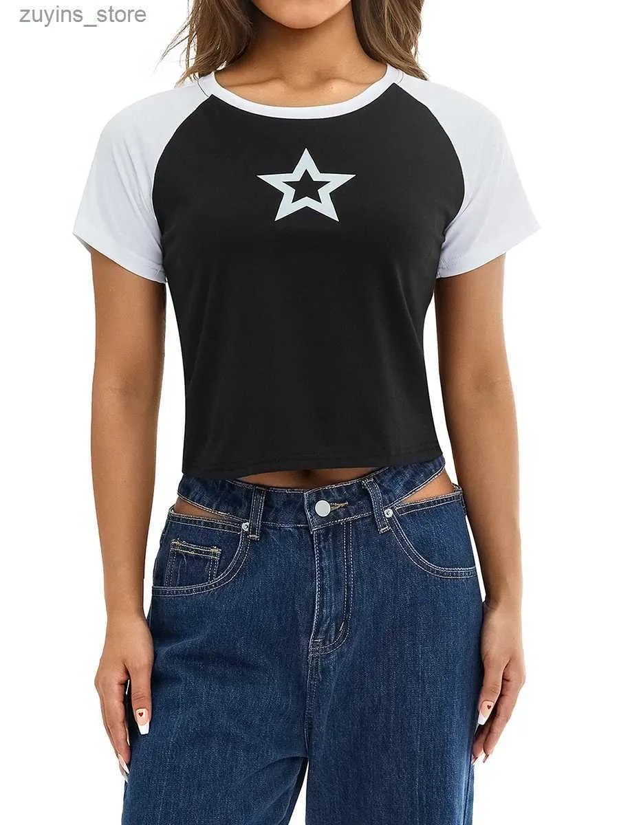 Women's T-Shirt Womens casual short sleeved T-shirt fashion star printed round neck exposed collar navy blue top24329