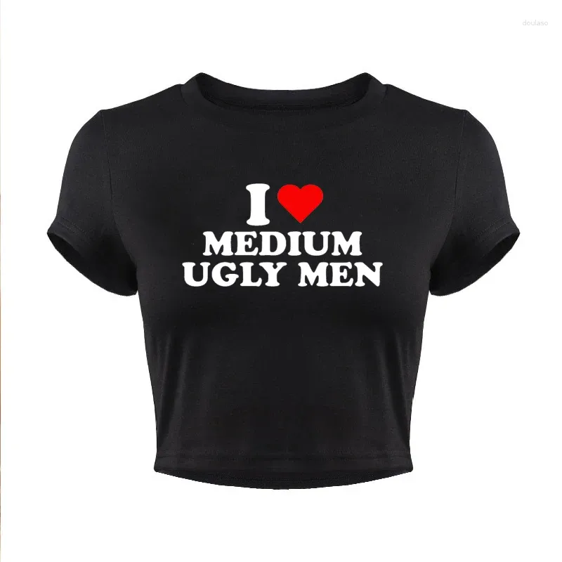 Kadın Tişörtleri Orta Çirkin Erkekleri Seviyorum Komik Mektup Baskı Mahsulü Üst Harajuku Kawaii Seksi Partisi Bebek Tee 2000'ler Y2K Goth Shirt Femme