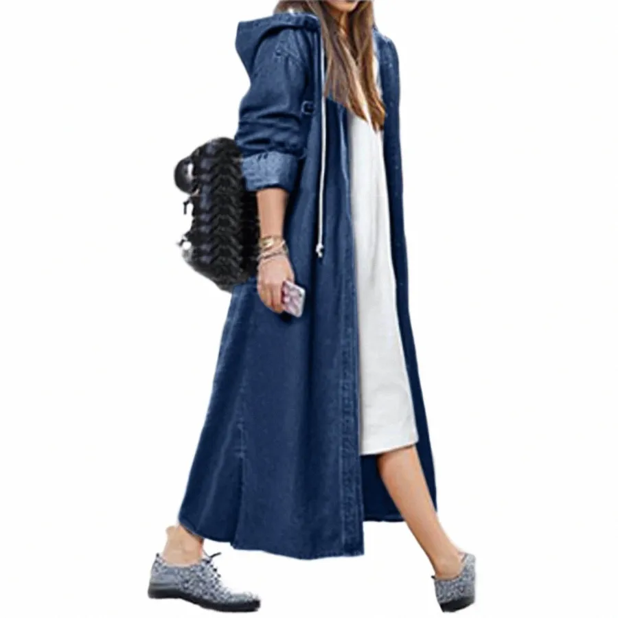 Fi Streetwear Pardessus Chic LG Vêtements à capuche Femmes Casual Veste en jean Cardigan à simple boutonnage Longueur de la cheville Manteau f7xF #