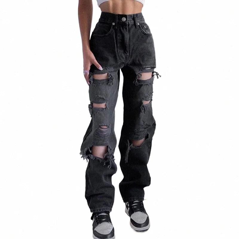 Zwart Gescheurde Hoge Taille Jeans voor vrouwen Vintage Kleding y2k Fi Rechte Denim Broek Streetwear Gat Hip Hop Broek jeans A2za #