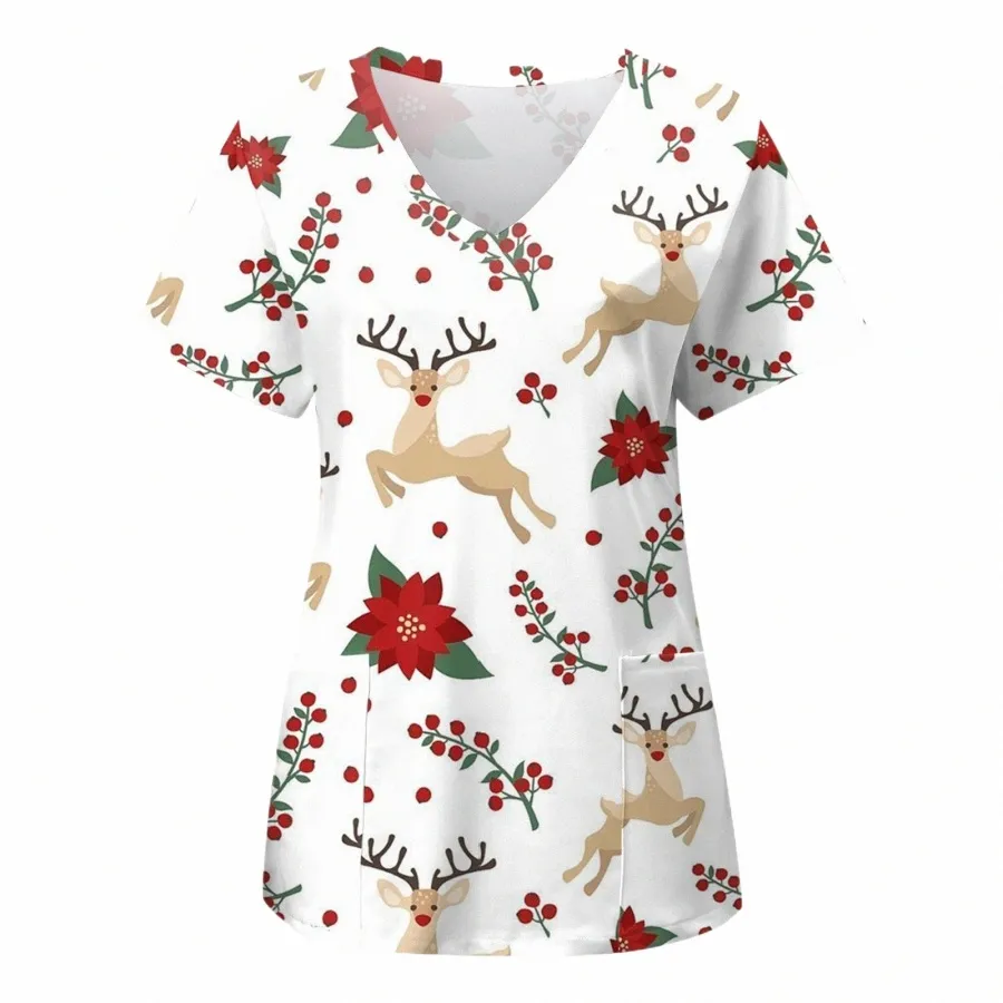 Uniforme d'infirmière de Noël Scrubs Tops Femmes Noël Carto Elk Imprimer à manches courtes Poche Salopette Uniformes Blouse de soins infirmiers médicaux T4Oj #