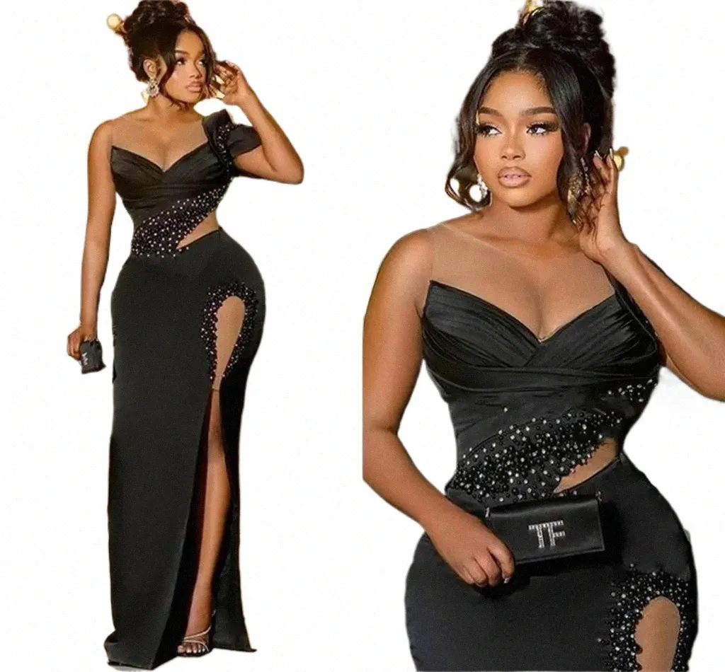 Sexig svart lår delad formell kväll dres ren nackpärlor Aso ebi lg party prom klänningar för kvinnor elegant satin plus size z8kn#