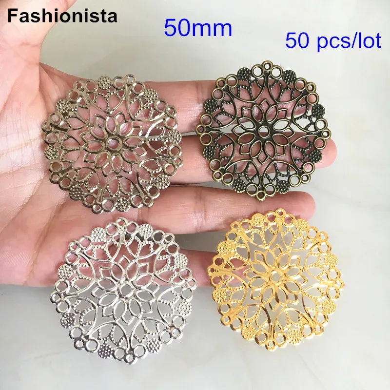 Components Free Shipping 50 pcs Big Round Filigree Flower Charm Connectors 50mm Metal Stamping Crafts DIY Jewelry Findings 4 Colors