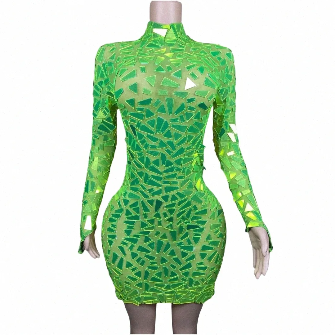 Floresan yeşil payet kadınlar kısa dr çarpıcı gece kulübü dj ds gogo parti sahne giyim p46s#