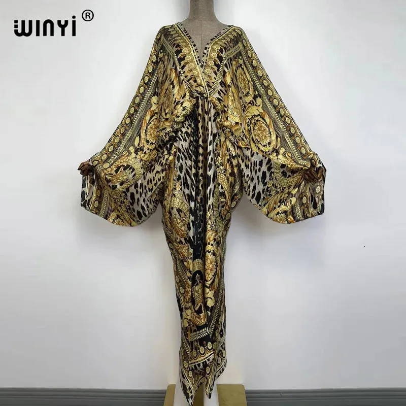 Sexy plage caftan caftan sentir rayonne de soie mode impression WINYI Maxi femmes robes longue sukienka col en V robe bohème 240323