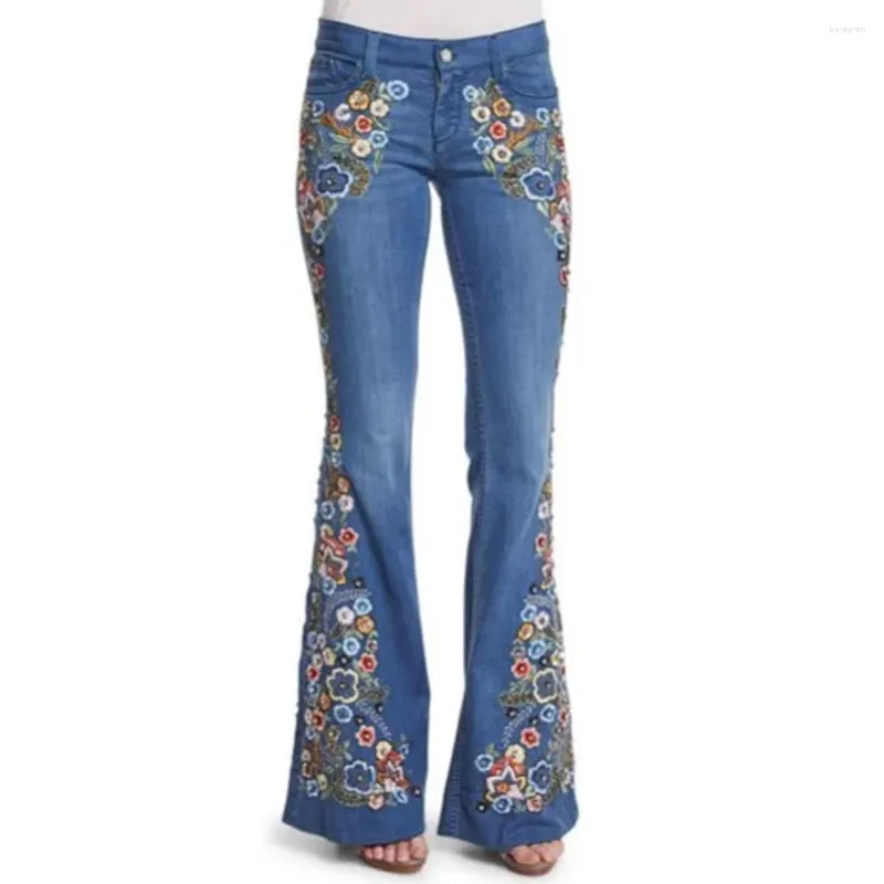 Kadınlar Kot Vintage Fashion Flare Pants 2024 Sonbahar Entelektüel Stil Denim Hafif Düzenli Orta Yükselme İşlemeli
