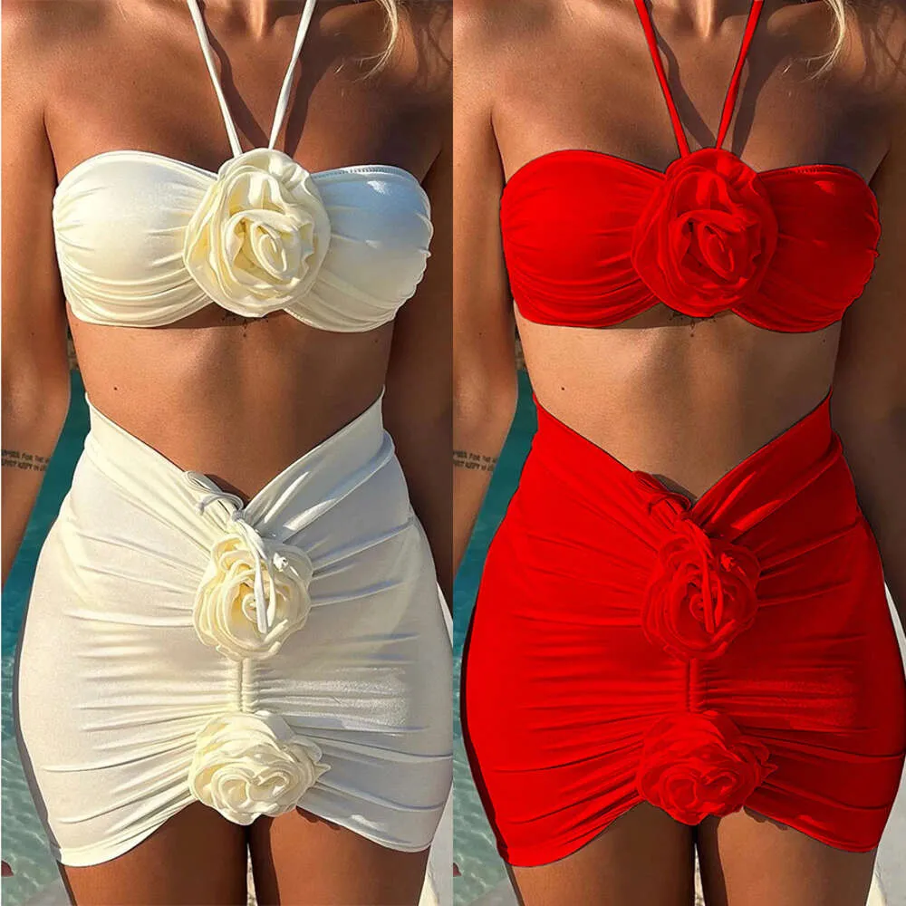 2024 New Milk White Flower High Quality Beach Resort Bikini Three Piece Set for Women