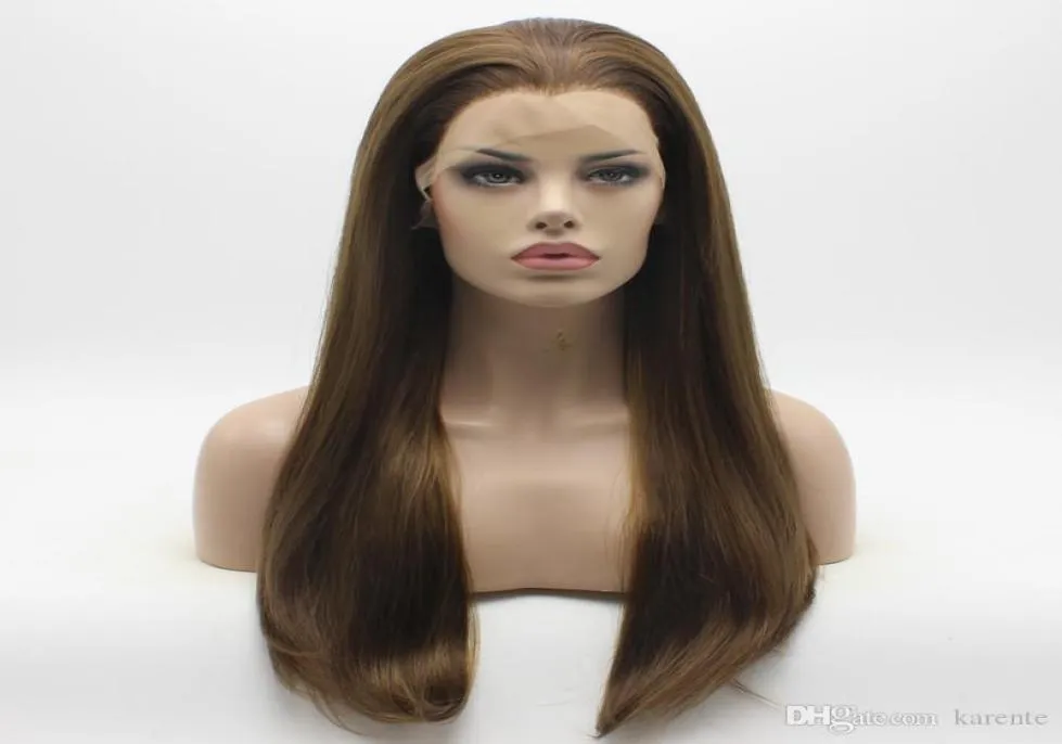 Iwona cabelo liso longo marrom loira mix peruca 2827 meia mão amarrada resistente ao calor peruca dianteira do laço sintético9242260