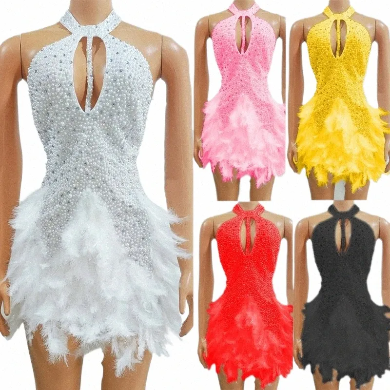 5 Colors Rhinestes Feather Dr Women Pearls Party Evening Dres Singer Celebrate Outfit Stage Gogo Dance Costume XS7386 s5Qs#