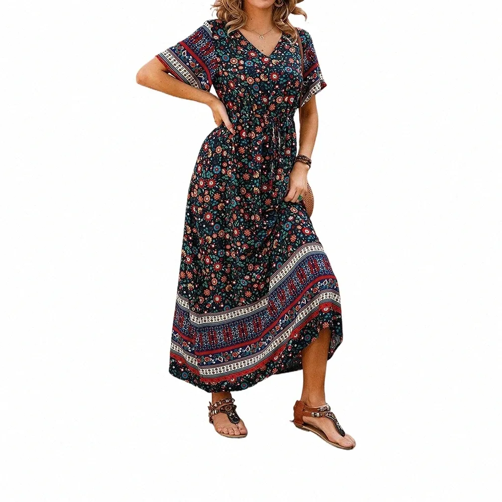 Plus Size Lg Dr Voor Vrouwen 2024 Zomer Strand Bohemian Dres Oversized Vrouwelijke Kleding Elegante Vestido Casual Bloemen Rok S8AQ #