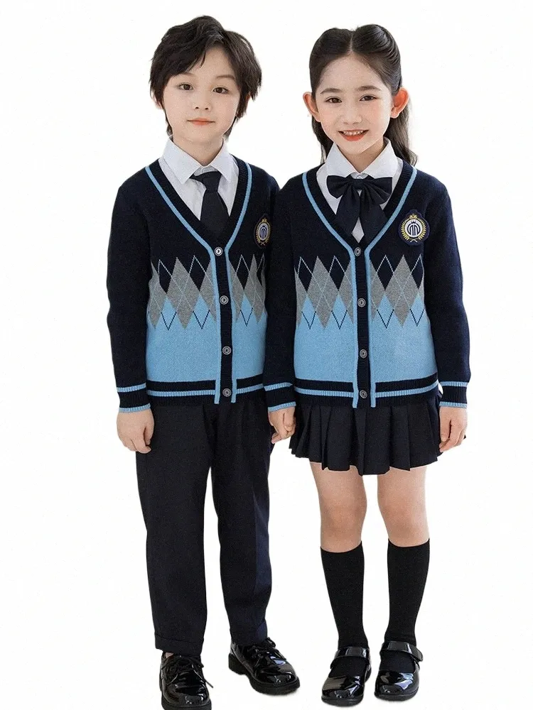 Style de l'académie britannique printemps automne costume d'uniforme scolaire des élèves du collège élémentaire, vêtements pour enfants costume de pull tricoté 58Ex #