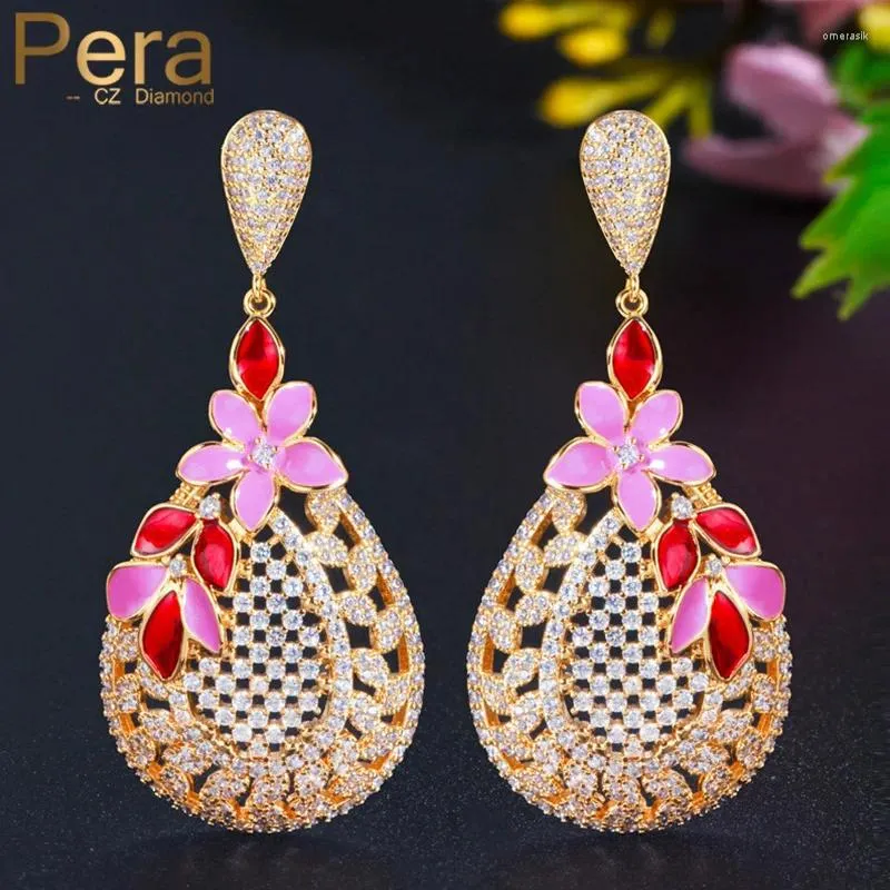 Boucles d'oreilles Pera de luxe en émail rose rouge, bijoux magnifiques, longs, couleur or dubaï, mariage pour mariées, E616