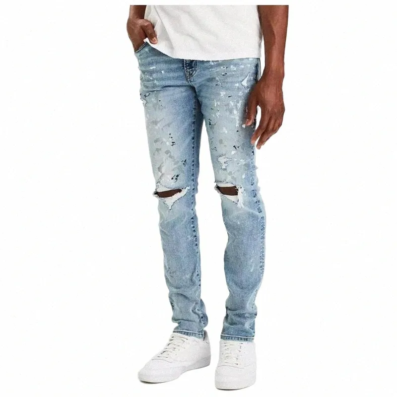 Peinture pour hommes Skinny Ripped Stretch Fi Casual Pencil Jeans h3eo #