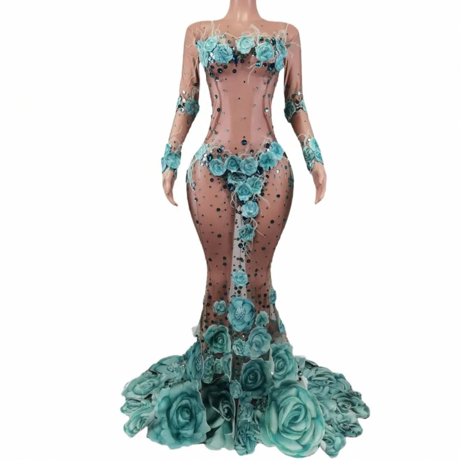 rhineste Dr Sheer Mermaid Fr Mesh Maxi Dres Birthday Party Singer Performance Costume wedding Stage Wear Huaxianzi O8Jl#