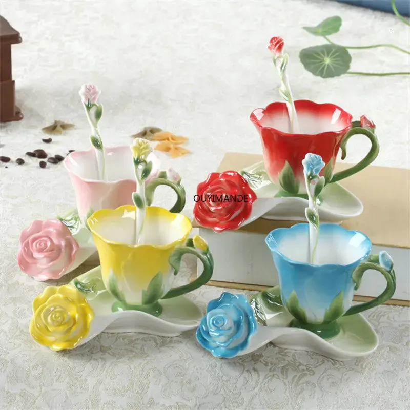 Creative Fashion 3D Rose Shape Flower Emamel Ceramic Coffee Tea Cup and Saucer Spoon Set Porcelain Water Valentine Day Gift 240328